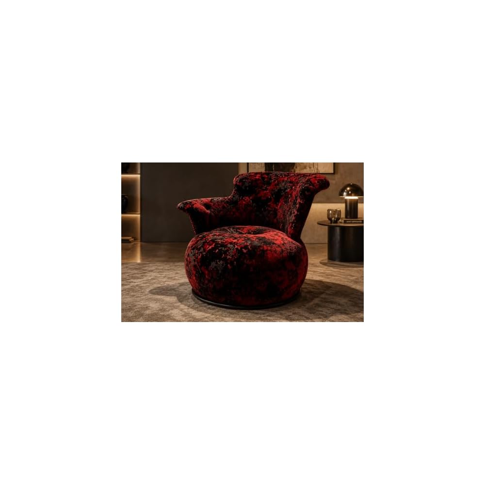 Red Black Velvet Accent Chair with Sculptural Curved Back and Round Seat