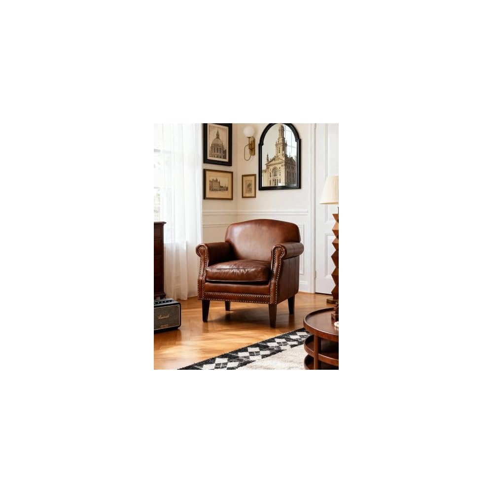 Vintage Leather Accent Armchair Classic Western Style Single Sofa Chair Upholstered Lounge Chair with Nailhead Trim for Living Room Bedroom Office