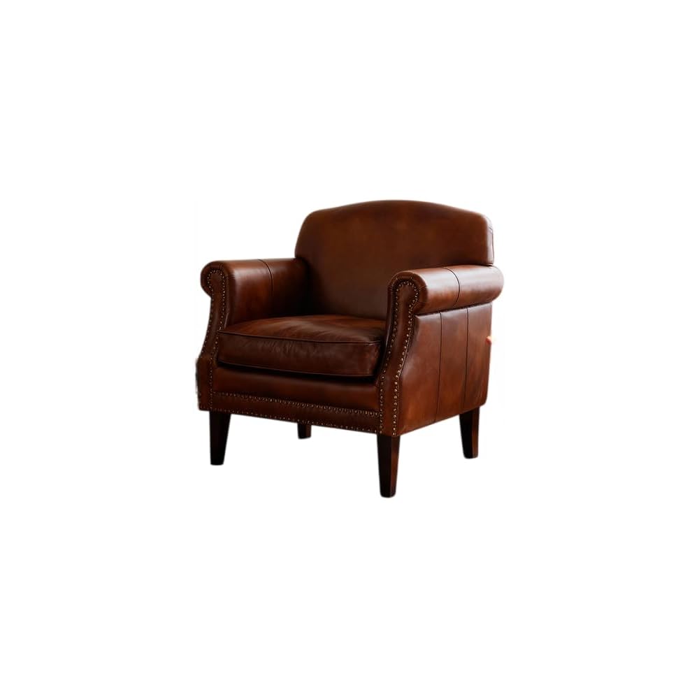 Vintage Leather Accent Armchair Classic Western Style Single Sofa Chair Upholstered Lounge Chair with Nailhead Trim for Living Room Bedroom Office