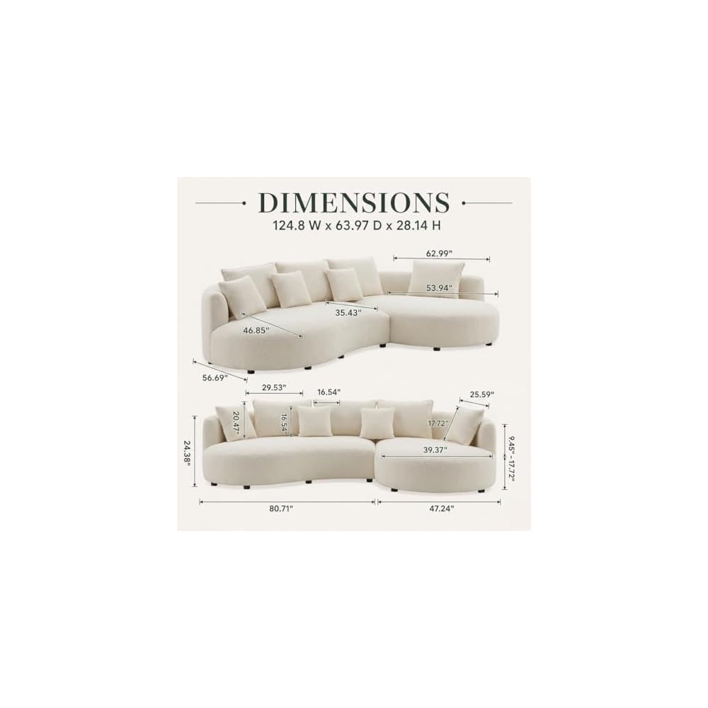 124.8" Modern Curved Sectional Sofa with Chaise, Upholstery Boucle Sofa with Pillows,Sectional Couch for Living Room - (Beige,Right Hand Facing)