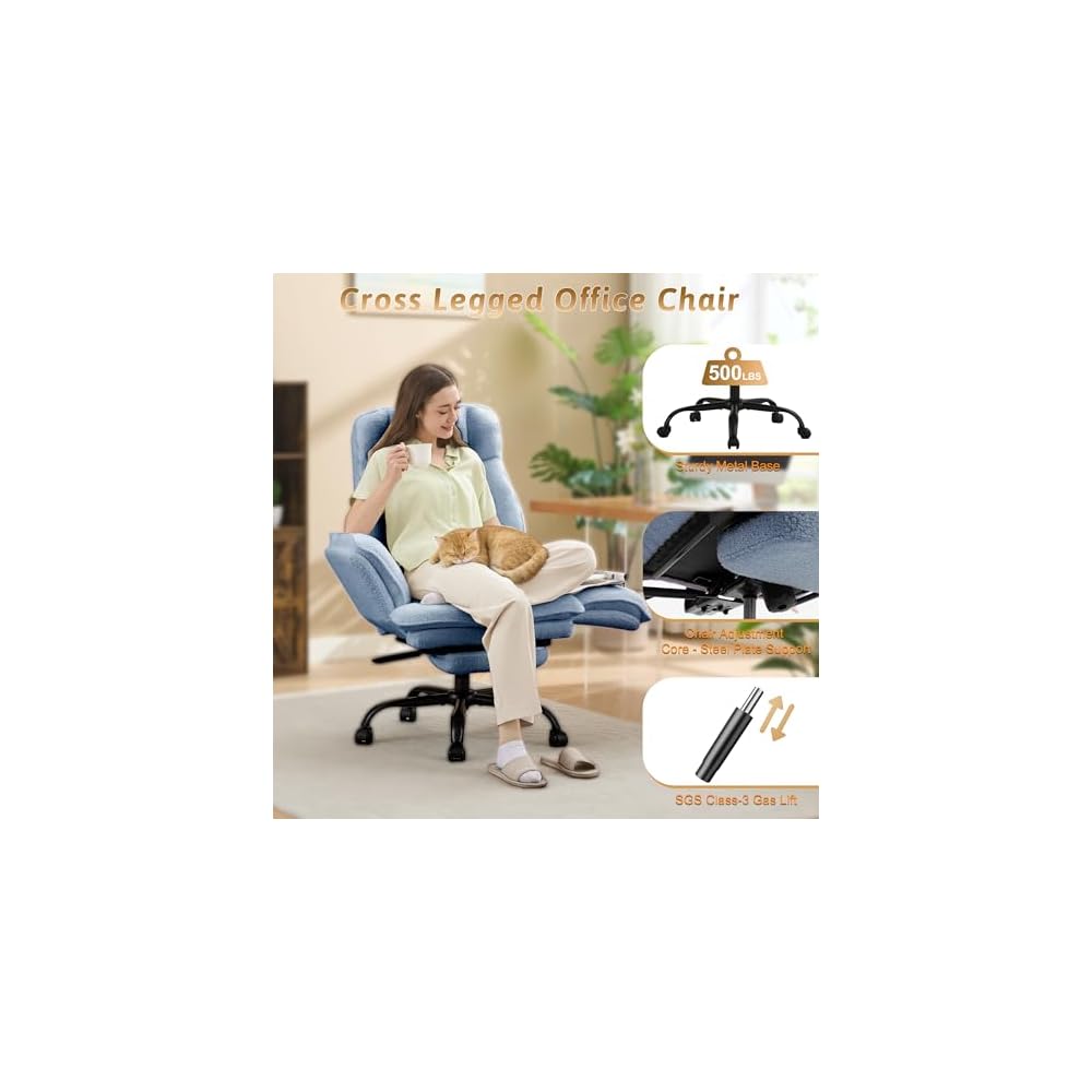 Wider Seat Office Chair with Flip Armrests for Criss Cross Legged&Cats, Big and Tall Executive Ergonomic Reclining Chair with Footrest&Lumbar Pillow, Teddy Fleece Desk Chair,Blue Vanity Chair