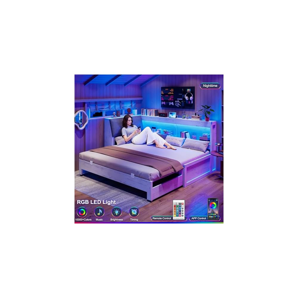 Twin Daybed with Wood Trundle and Storage Bookcase Headboard, White