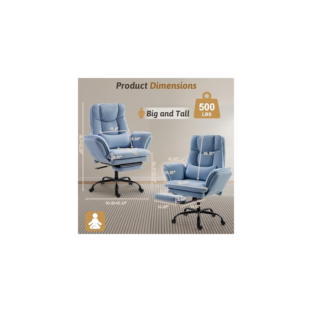 Wider Seat Office Chair with Flip Armrests for Criss Cross Legged&Cats, Big and Tall Executive Ergonomic Reclining Chair with Footrest&Lumbar Pillow, Teddy Fleece Desk Chair,Blue Vanity Chair