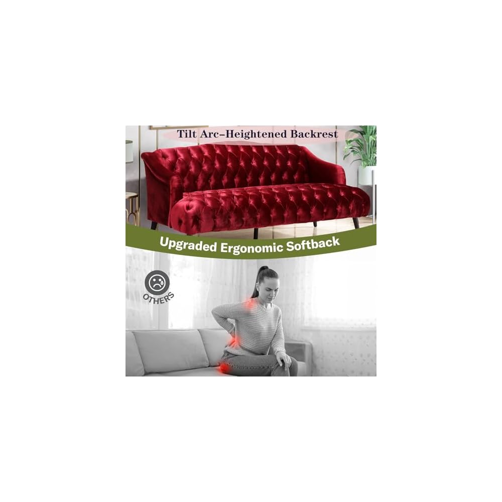 Modern Velvet Loveseat Sofa Bed, Mid Century Tufted Upholstered Love Seat Sleeper Couch , 73" 3-Seater Living Room Sofas Couch with 5 Solid Birch Legs for Guest Room, Office Apartment (Wine Red)