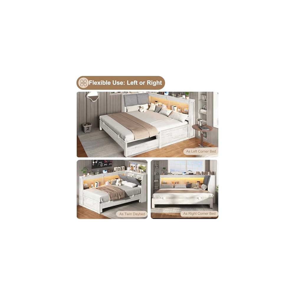 Twin Daybed with Wood Trundle and Storage Bookcase Headboard, White