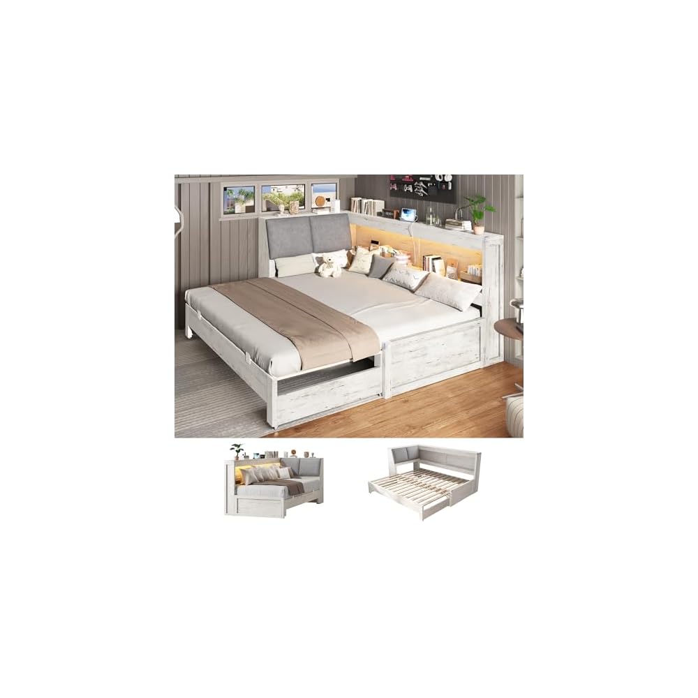 Twin Daybed with Wood Trundle and Storage Bookcase Headboard, White