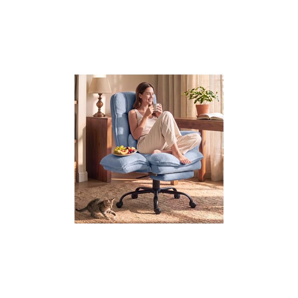 Wider Seat Office Chair with Flip Armrests for Criss Cross Legged&Cats, Big and Tall Executive Ergonomic Reclining Chair with Footrest&Lumbar Pillow, Teddy Fleece Desk Chair,Blue Vanity Chair