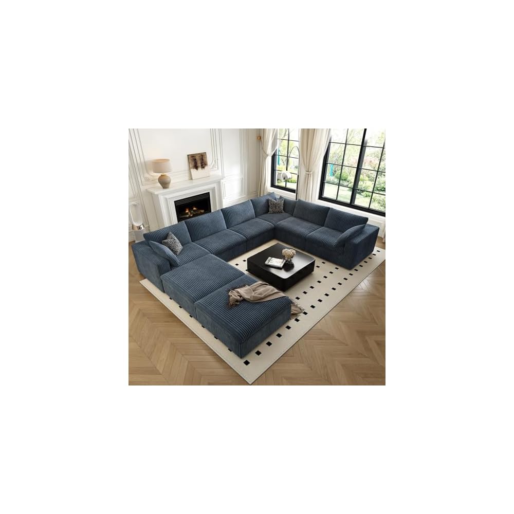 157.5" Cloud Couch Oversized Modular Sectional Sofa for Living Room,Modern Sofa with Deep Seat，8 Seater Boneless Couch with 2 Ottoman,Comfy Upholstered Couches for Apartment, Studio, Office,Blue