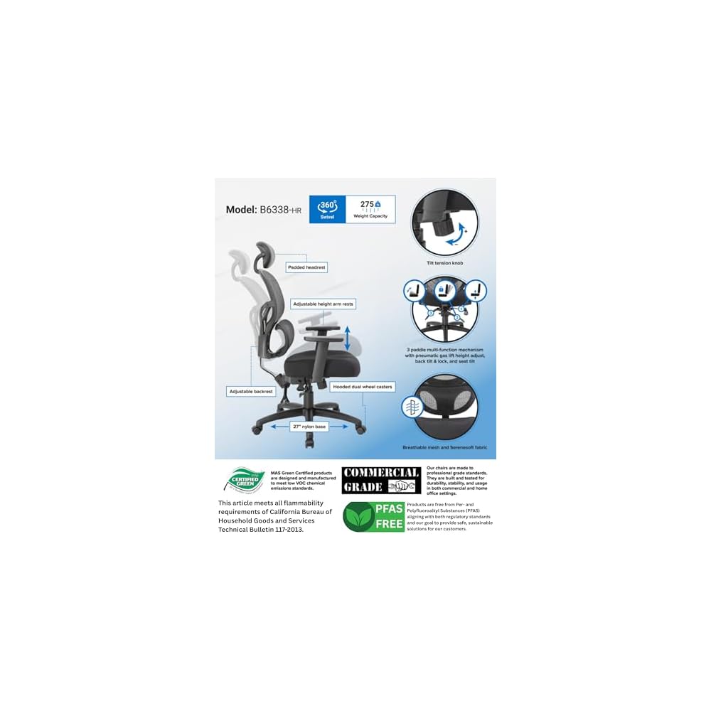 Boss Office Products Multi-Function Task Chair with Headrest in Black (B6338-HR)