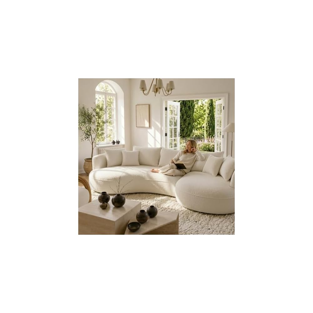 124.8" Modern Curved Sectional Sofa with Chaise, Upholstery Boucle Sofa with Pillows,Sectional Couch for Living Room - (Beige,Right Hand Facing)