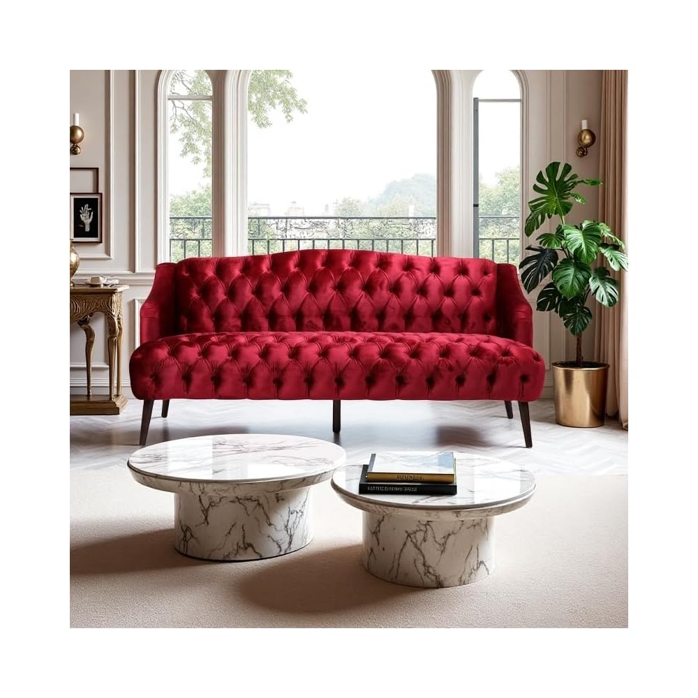 Modern Velvet Loveseat Sofa Bed, Mid Century Tufted Upholstered Love Seat Sleeper Couch , 73" 3-Seater Living Room Sofas Couch with 5 Solid Birch Legs for Guest Room, Office Apartment (Wine Red)
