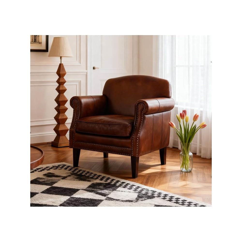 Vintage Leather Accent Armchair Classic Western Style Single Sofa Chair Upholstered Lounge Chair with Nailhead Trim for Living Room Bedroom Office
