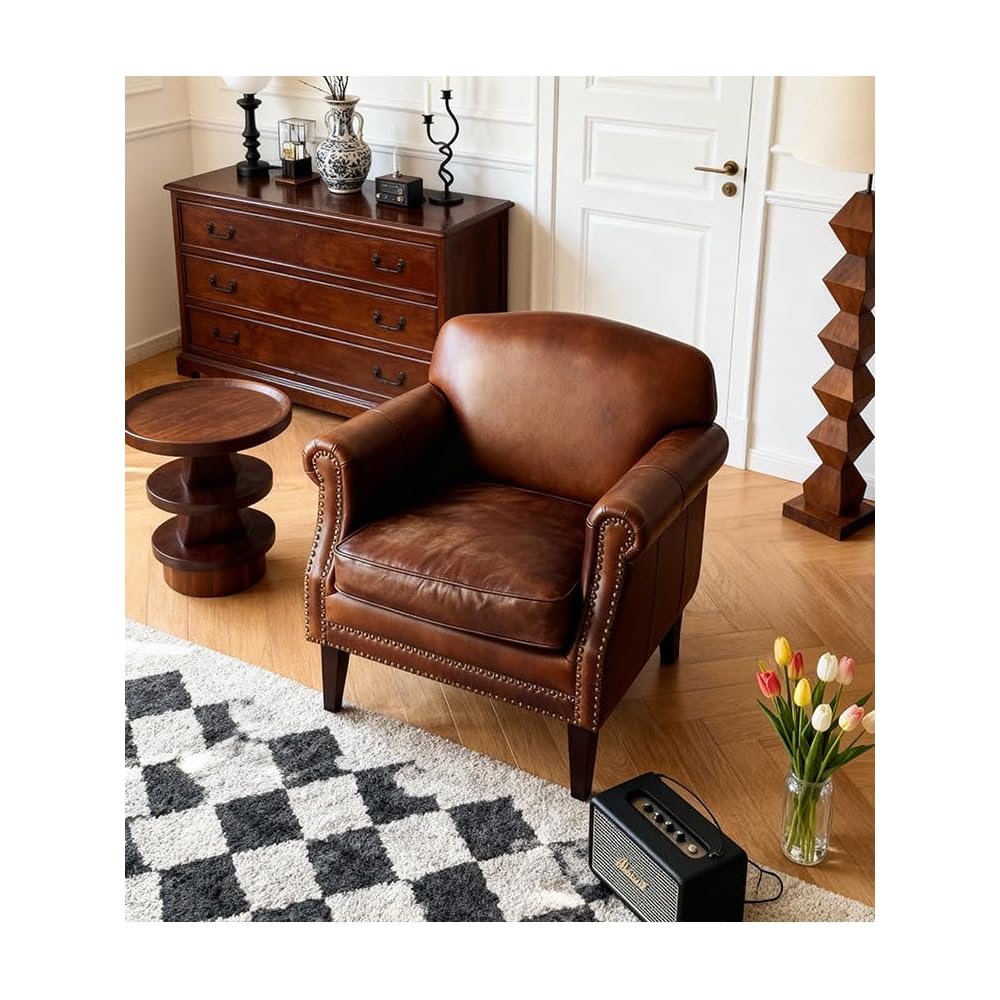 Vintage Leather Accent Armchair Classic Western Style Single Sofa Chair Upholstered Lounge Chair with Nailhead Trim for Living Room Bedroom Office