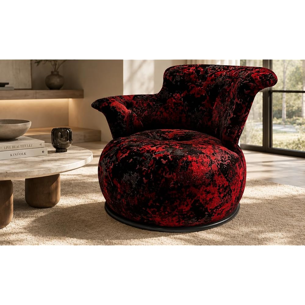 Red Black Velvet Accent Chair with Sculptural Curved Back and Round Seat
