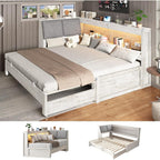 Twin Daybed with Wood Trundle and Storage Bookcase Headboard, White