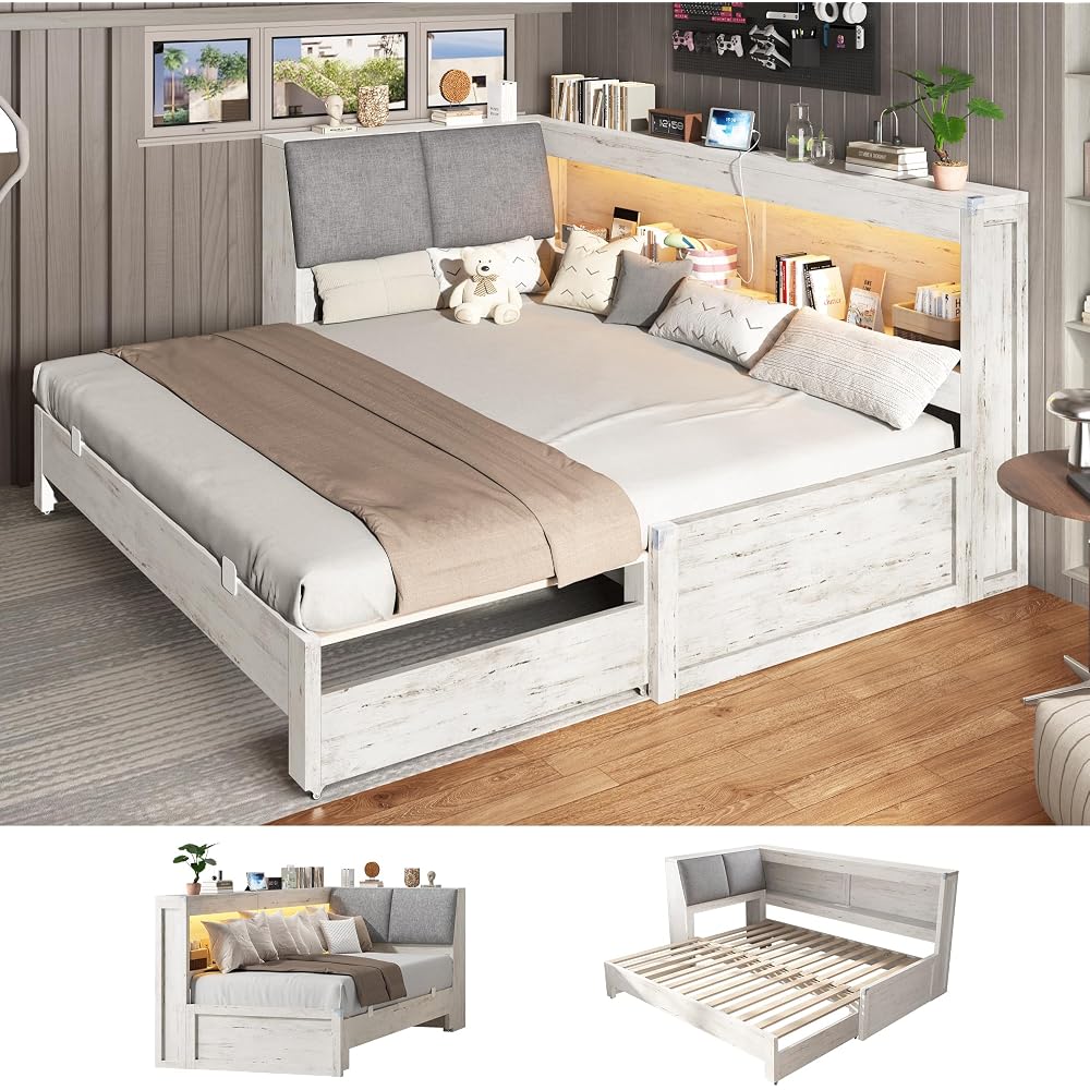Twin Daybed with Wood Trundle and Storage Bookcase Headboard, White