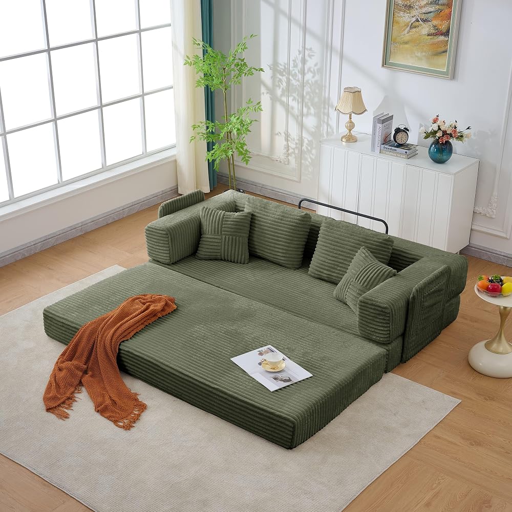 79.5" Corduroy Convertible Sleeper Sofa Bed, No Assembly, Storage Pockets